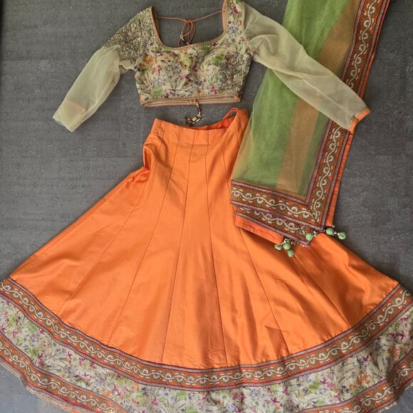 Women's Orange and Green Lengha (Small) - Picture 1 of 9